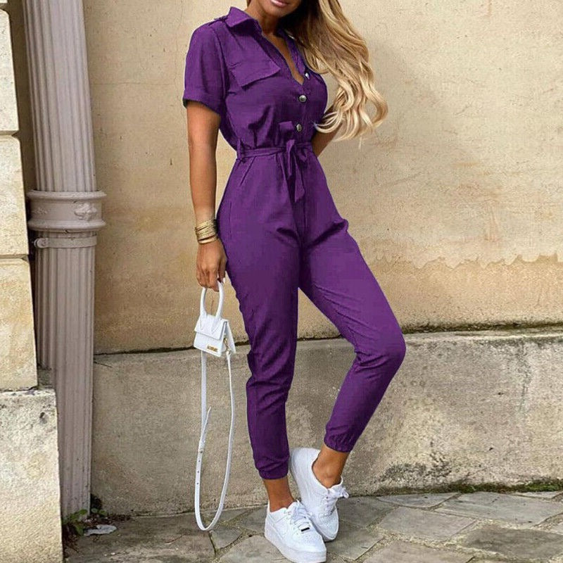 Women's jumpsuit - Fitted cut with belt - Short sleeves - Stripes - Button placket