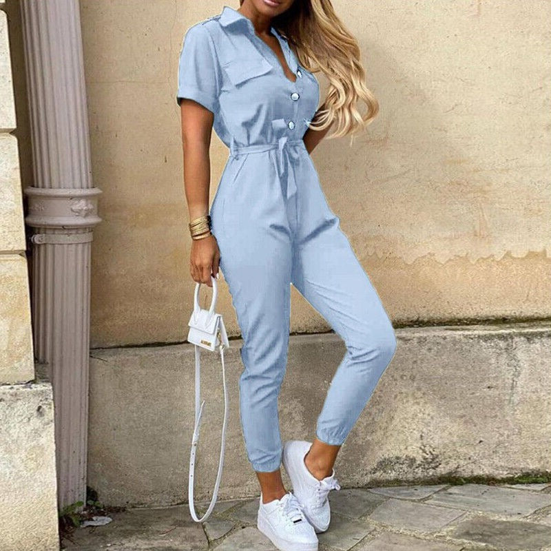 Women's jumpsuit - Fitted cut with belt - Short sleeves - Stripes - Button placket