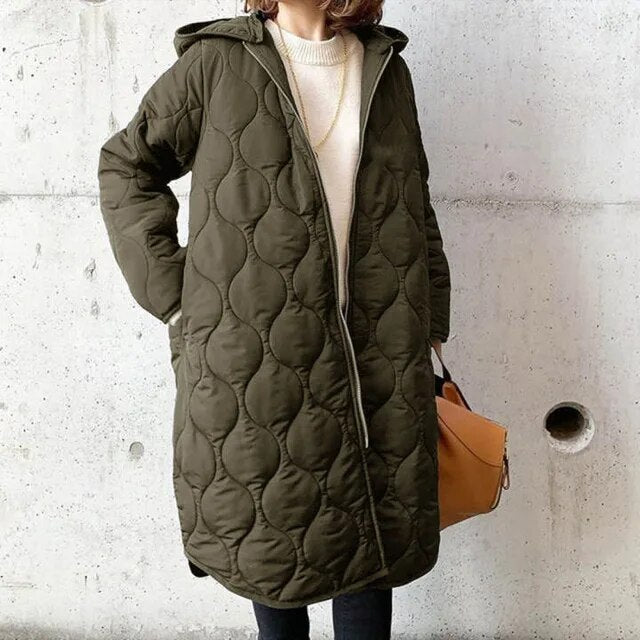 Women’s Parka Coat – Quilted Texture – Oversized Fit – Hooded Knee-Length Design
