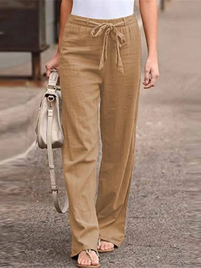 Women’s Wide-Leg Trousers – High Waist – Linen Blend – Tie Belt – Full Length