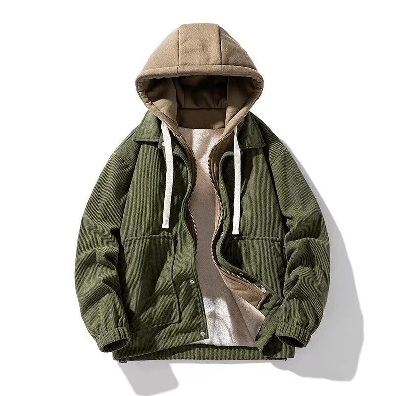Men's Corduroy Hooded Jacket Lined For Warmth And Urban Style For Cold Weather Wear