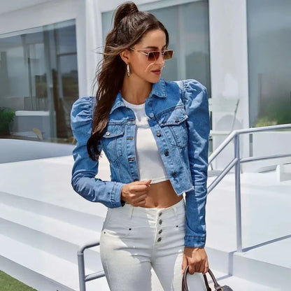 Laila Cropped Puff Sleeves Denim Jacket