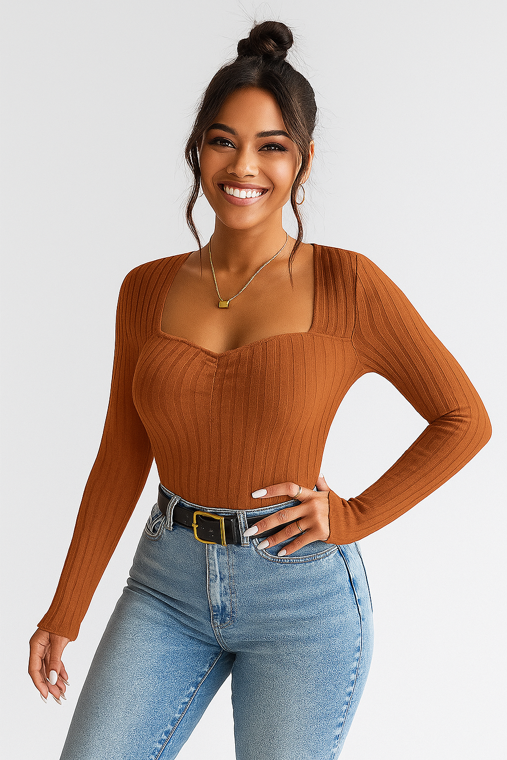 Amina Long Sleeve Top With Sweetheart Neckline In Ribbed Stretch Fabric For Elegant Everyday Wear For Women