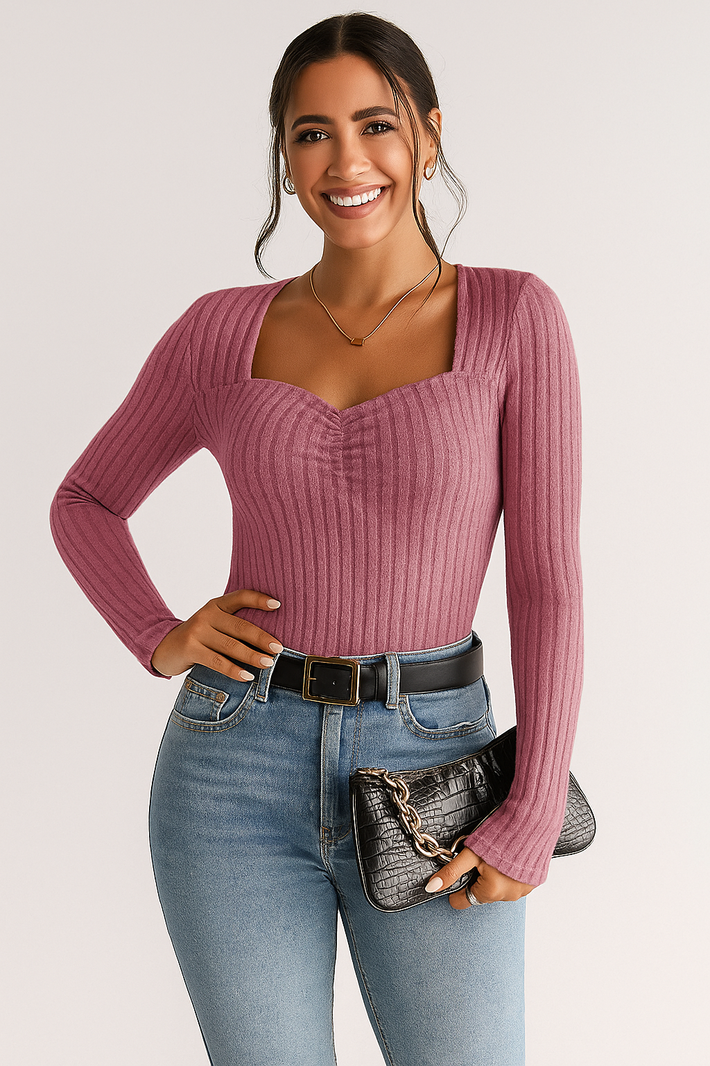 Amina Long Sleeve Top With Sweetheart Neckline In Ribbed Stretch Fabric For Elegant Everyday Wear For Women