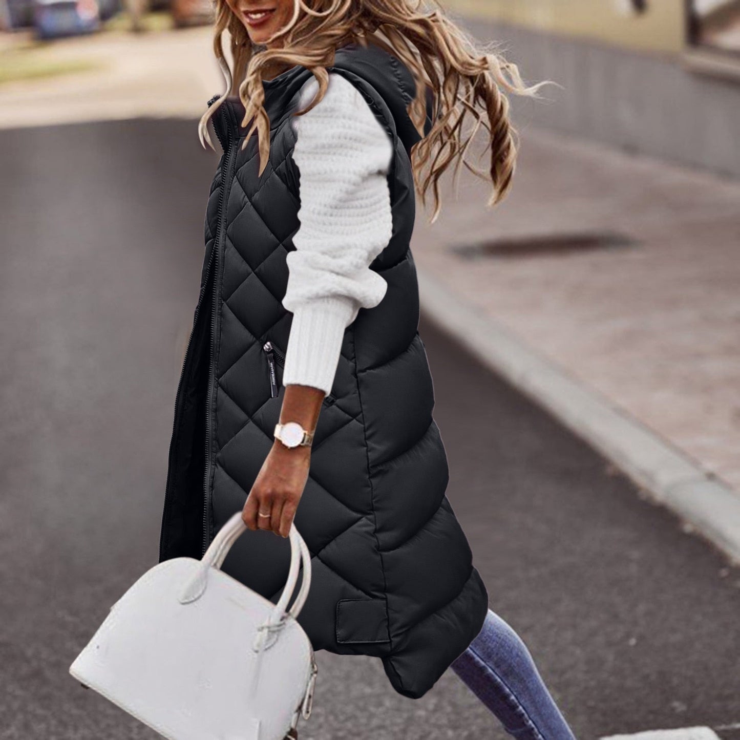 Long Puffer Bodywarmer For Women With Hood Cozy Warmth All Day Comfort Autumn Ready