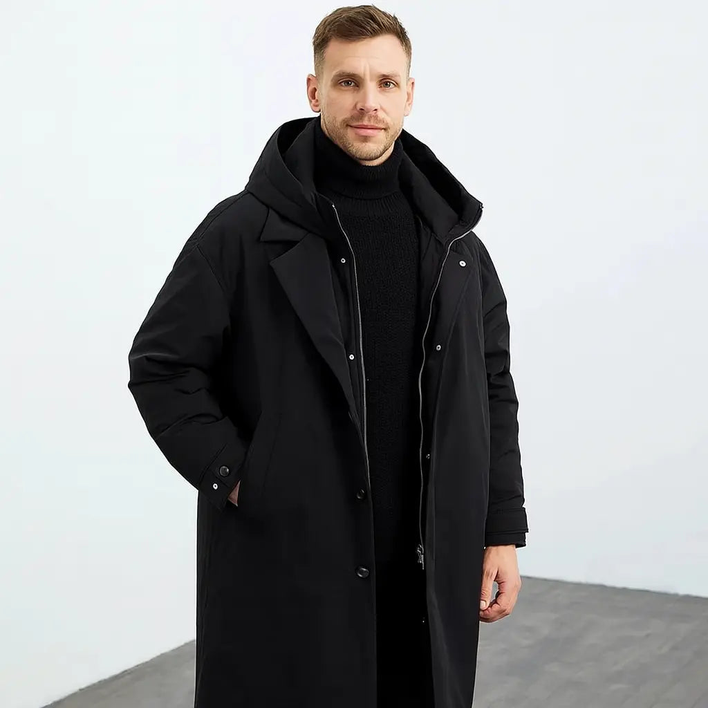 Waterproof Padded Trench Coat For Men With Hood Premium Warm Weatherproof Long Coat For All Weather