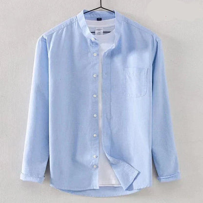 Men's Long Sleeve Shirt With Band Collar Regular Fit Button Closure Chest Pocket
