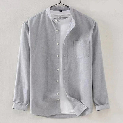 Men's Long Sleeve Shirt With Band Collar Regular Fit Button Closure Chest Pocket
