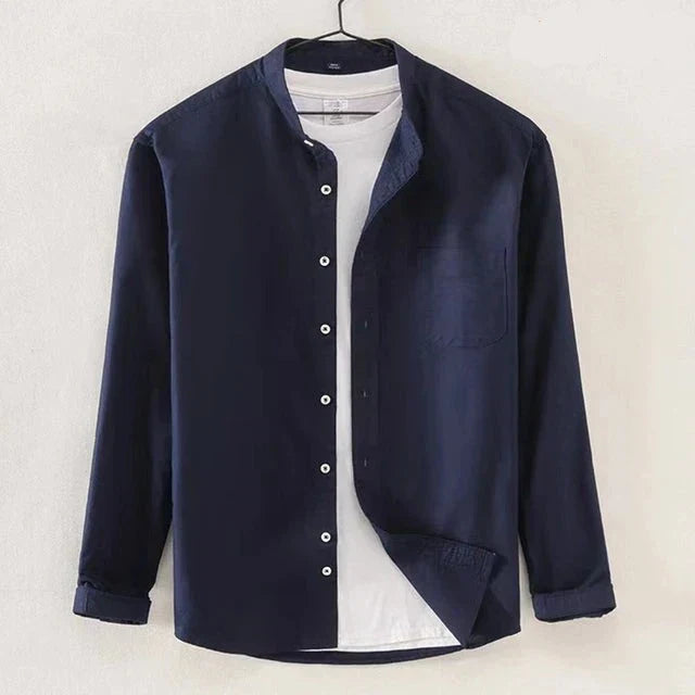 Men's Long Sleeve Shirt With Band Collar Regular Fit Button Closure Chest Pocket