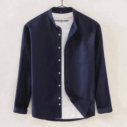 Men's Long Sleeve Shirt With Band Collar Regular Fit Button Closure Chest Pocket