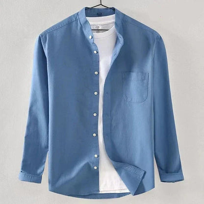 Men's Long Sleeve Shirt With Band Collar Regular Fit Button Closure Chest Pocket