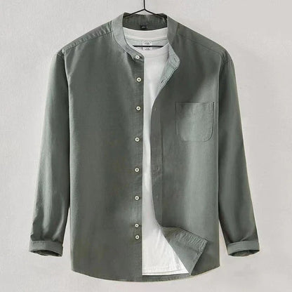 Men's Long Sleeve Shirt With Band Collar Regular Fit Button Closure Chest Pocket