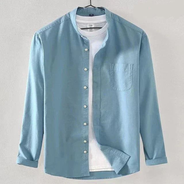 Men's Long Sleeve Shirt With Band Collar Regular Fit Button Closure Chest Pocket