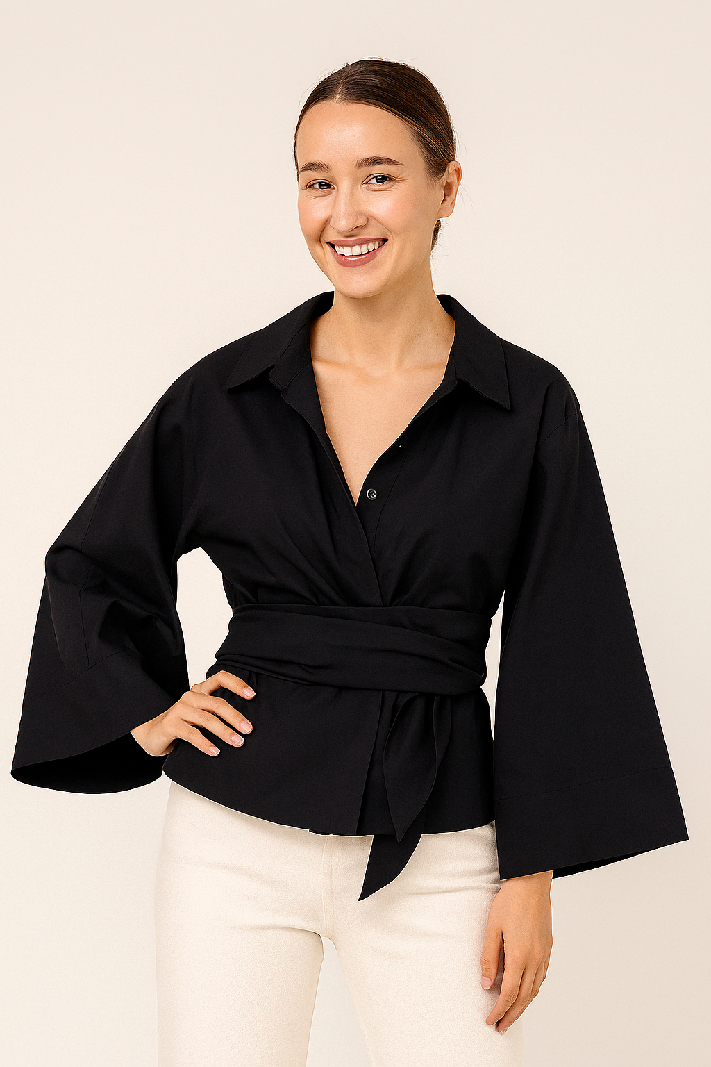 Blouse with tie belt and wide sleeves