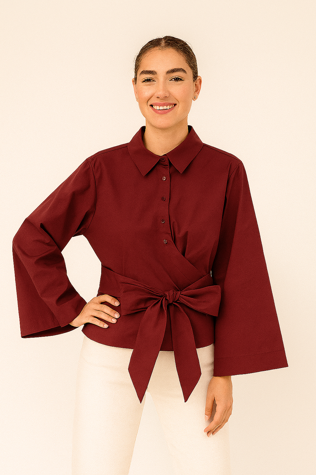 Blouse with tie belt and wide sleeves