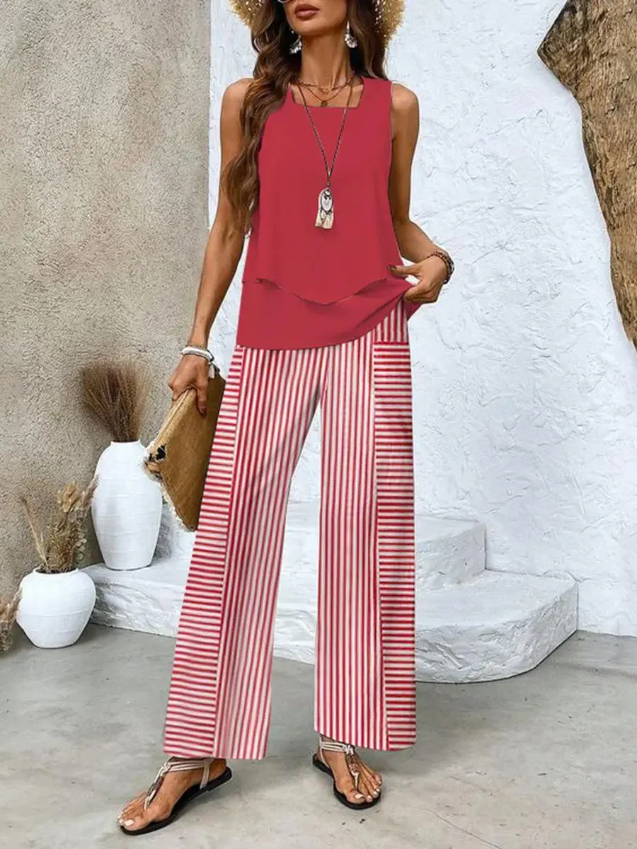 Layered Top and Wide-Leg Trousers Set for Women – Effortless Summer Style in Plus Size