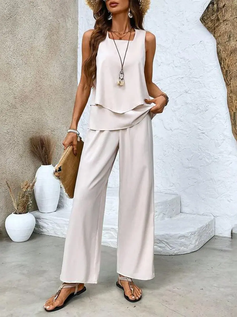 Layered Top and Wide-Leg Trousers Set for Women – Effortless Summer Style in Plus Size