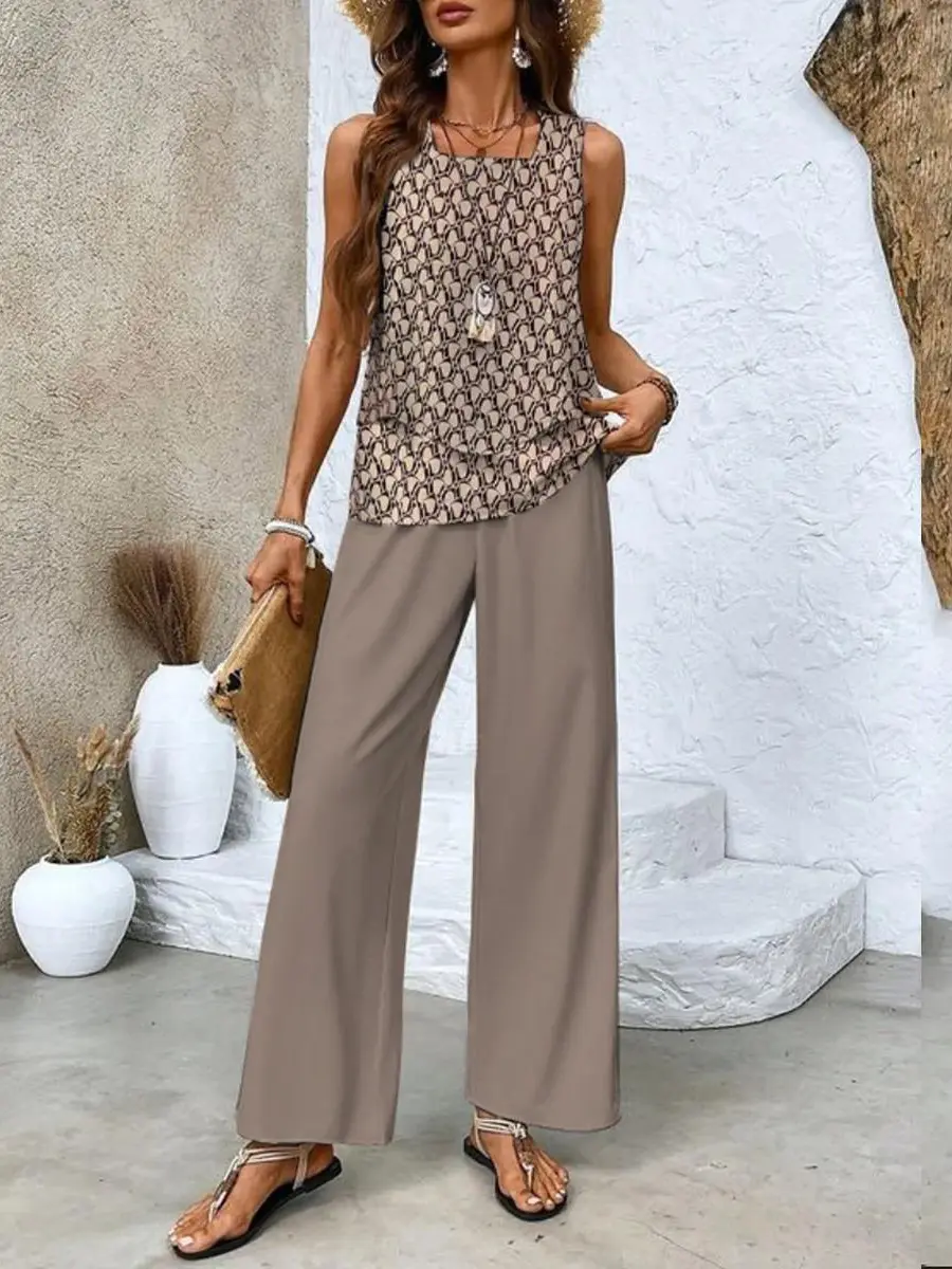 Layered Top and Wide-Leg Trousers Set for Women – Effortless Summer Style in Plus Size