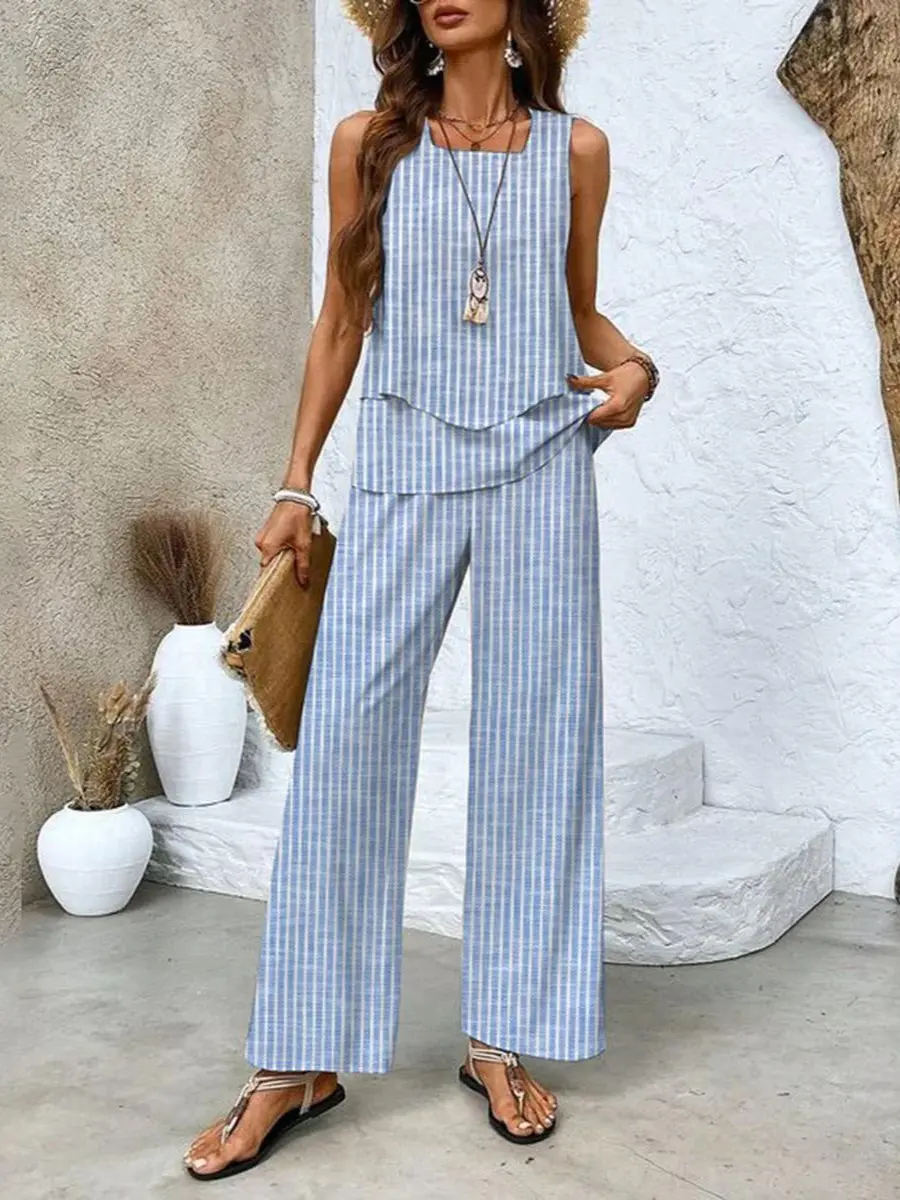 Layered Top and Wide-Leg Trousers Set for Women – Effortless Summer Style in Plus Size