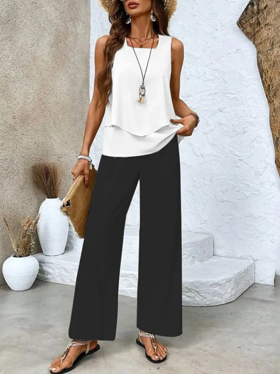 Layered Top and Wide-Leg Trousers Set for Women – Effortless Summer Style in Plus Size