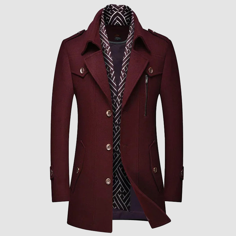 Legacy Wool Coat by Roberto Russo for Men with Warmth, Durable Wool Blend, Detachable Collar