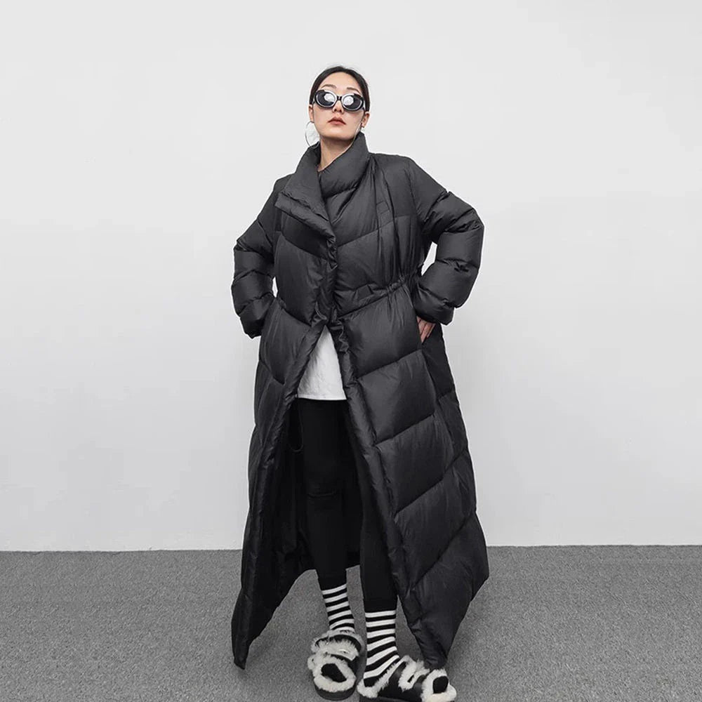 Knee Length Down Jacket For Women With White Duck Down Insulation And Elegant Large Lapel