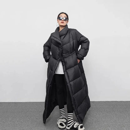 Knee Length Down Jacket For Women With White Duck Down Insulation And Elegant Large Lapel