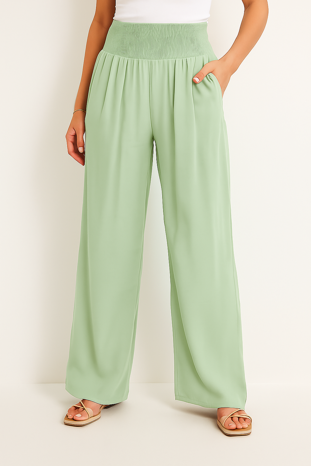 Womens Elastic Waist Wide Leg Summer Pants Airy Lightweight Beach Vacation Wear Comfort