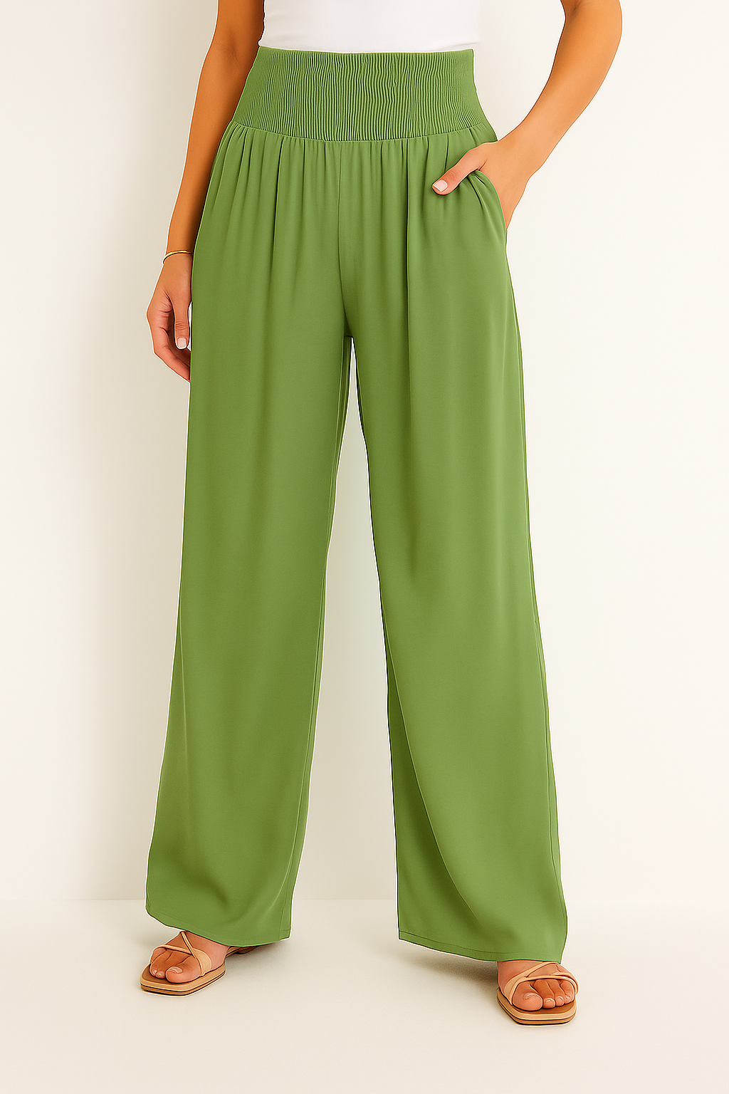 Womens Elastic Waist Wide Leg Summer Pants Airy Lightweight Beach Vacation Wear Comfort
