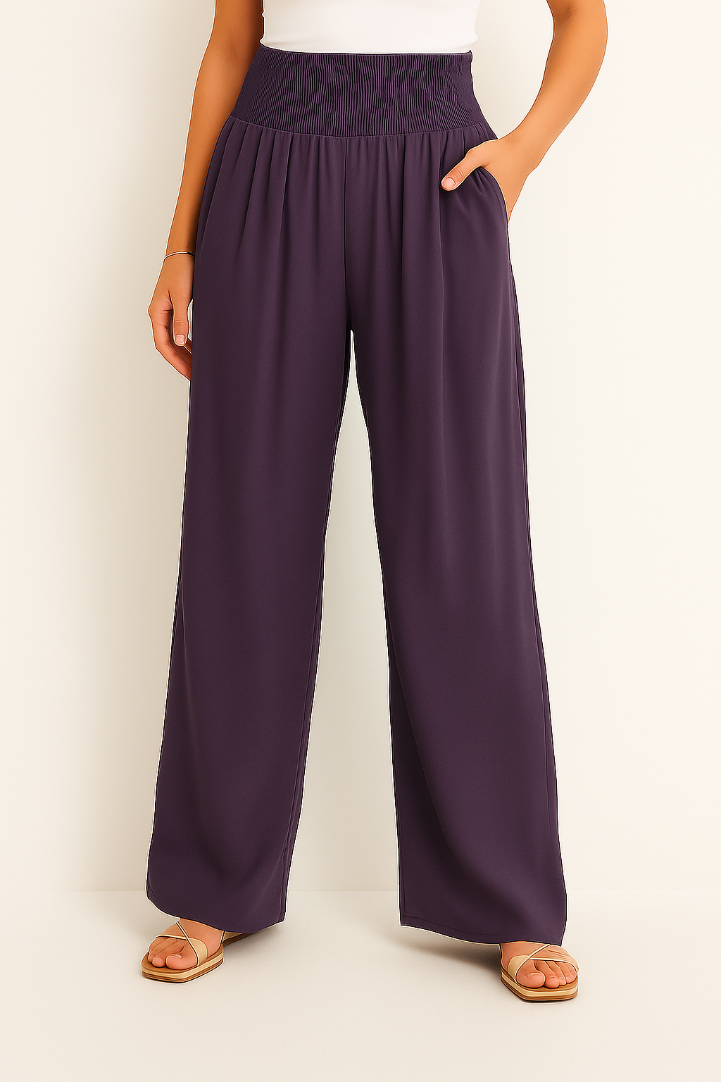 Womens Elastic Waist Wide Leg Summer Pants Airy Lightweight Beach Vacation Wear Comfort