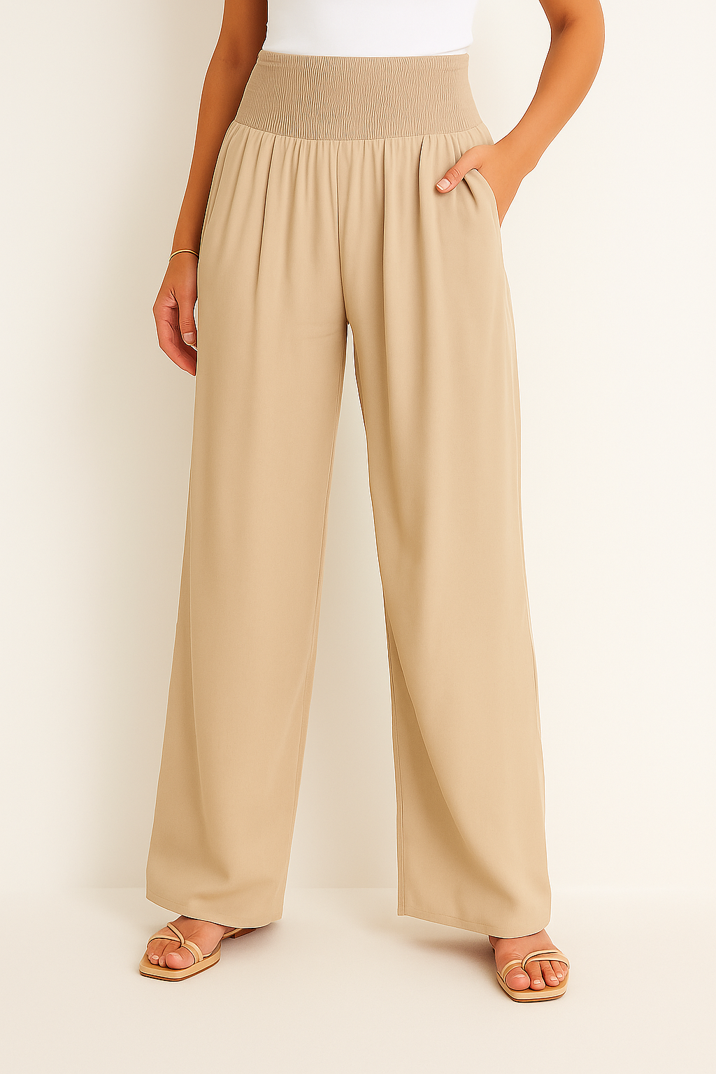 Womens Elastic Waist Wide Leg Summer Pants Airy Lightweight Beach Vacation Wear Comfort