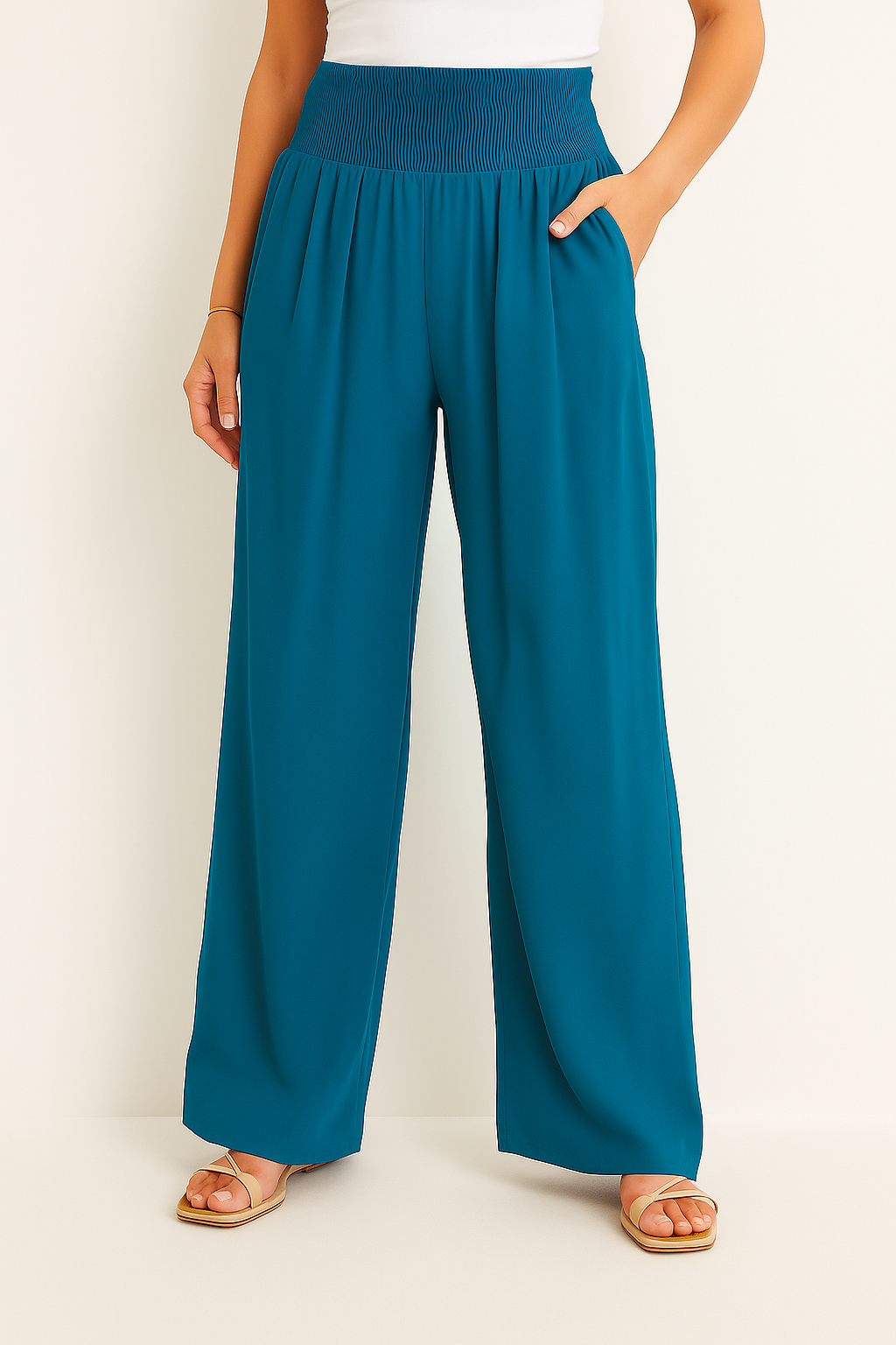 Womens Elastic Waist Wide Leg Summer Pants Airy Lightweight Beach Vacation Wear Comfort