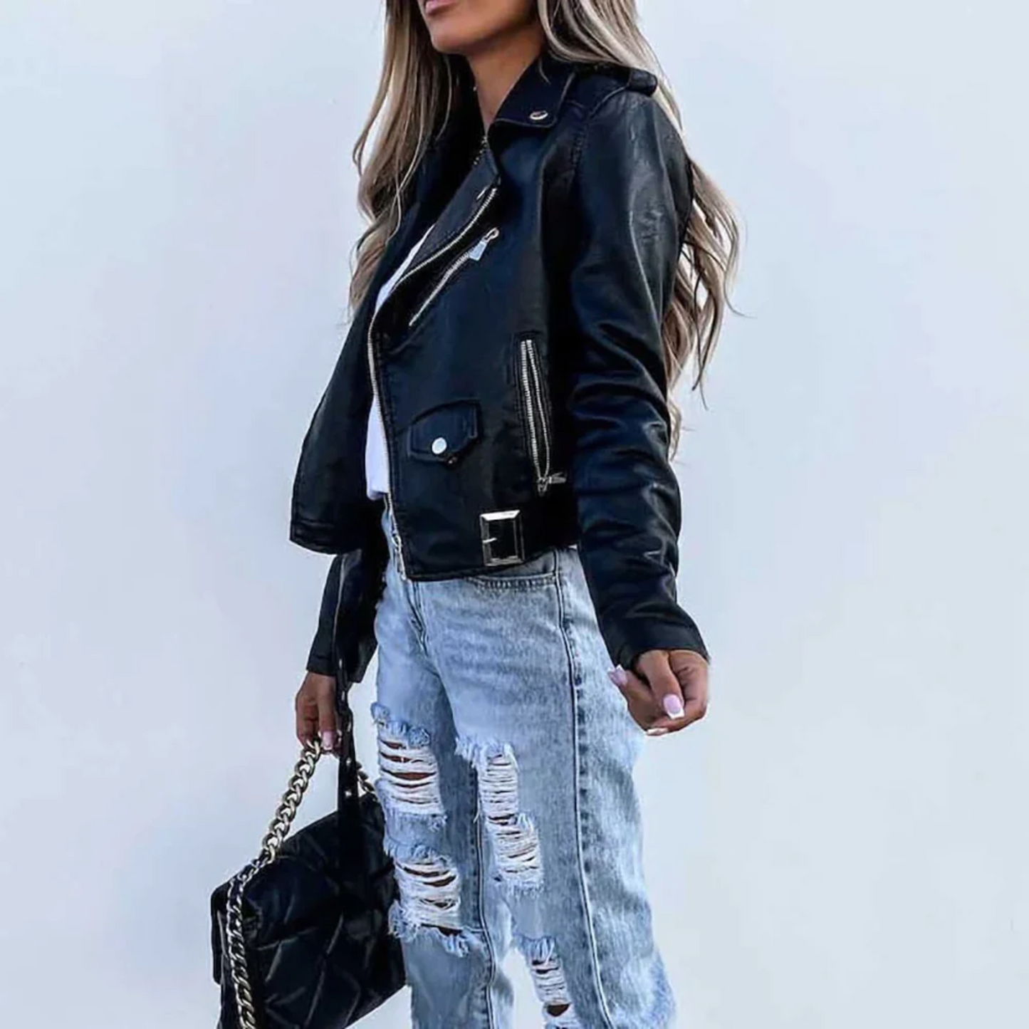 Women's Biker Jacket - Vegan Leather - Slim Fit - Asymmetrical Zipper - Belt Detail
