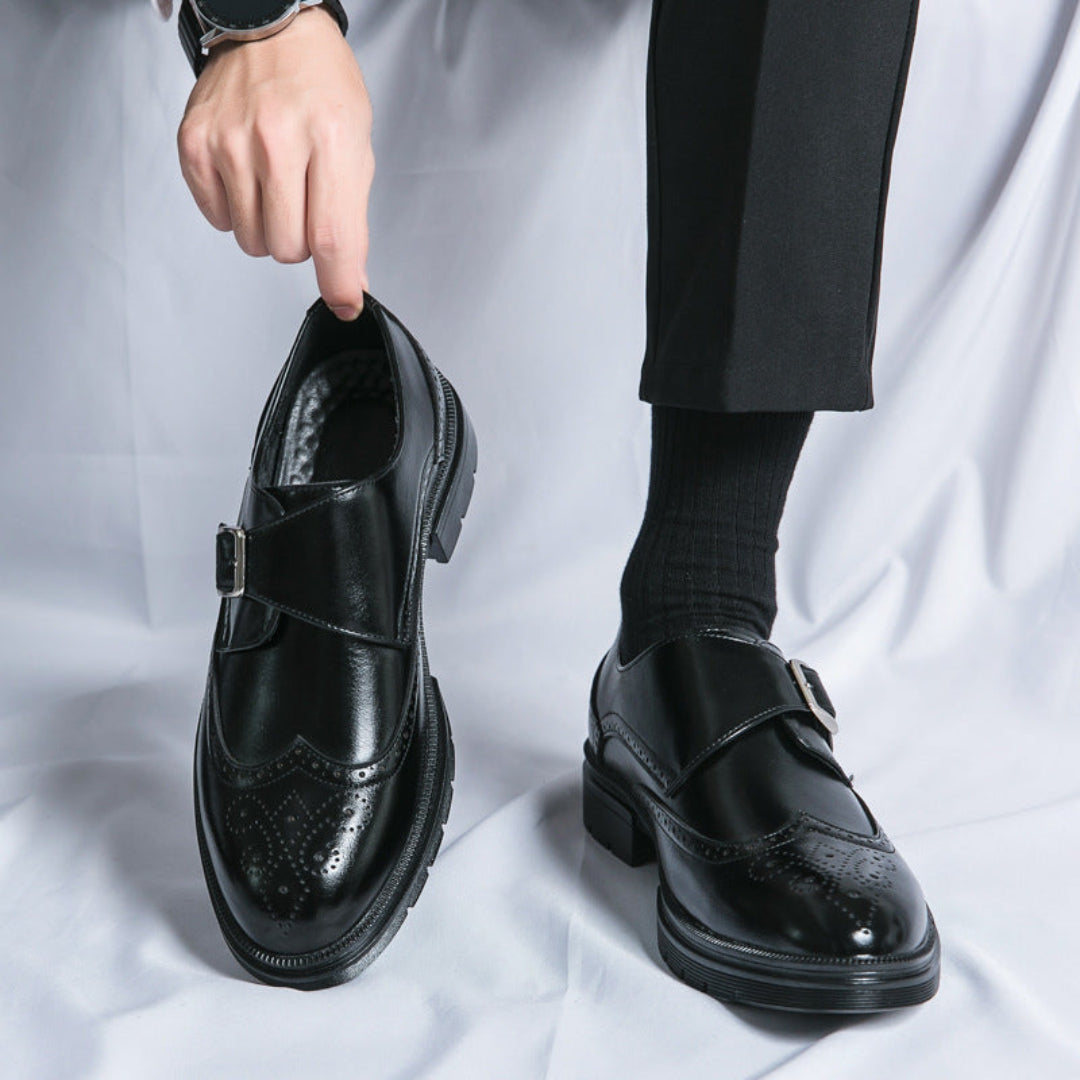 Liam Classic Leather Loafers For Men With Side Buckle And Brogue Detailing Oxford Style Formal Dress Shoes