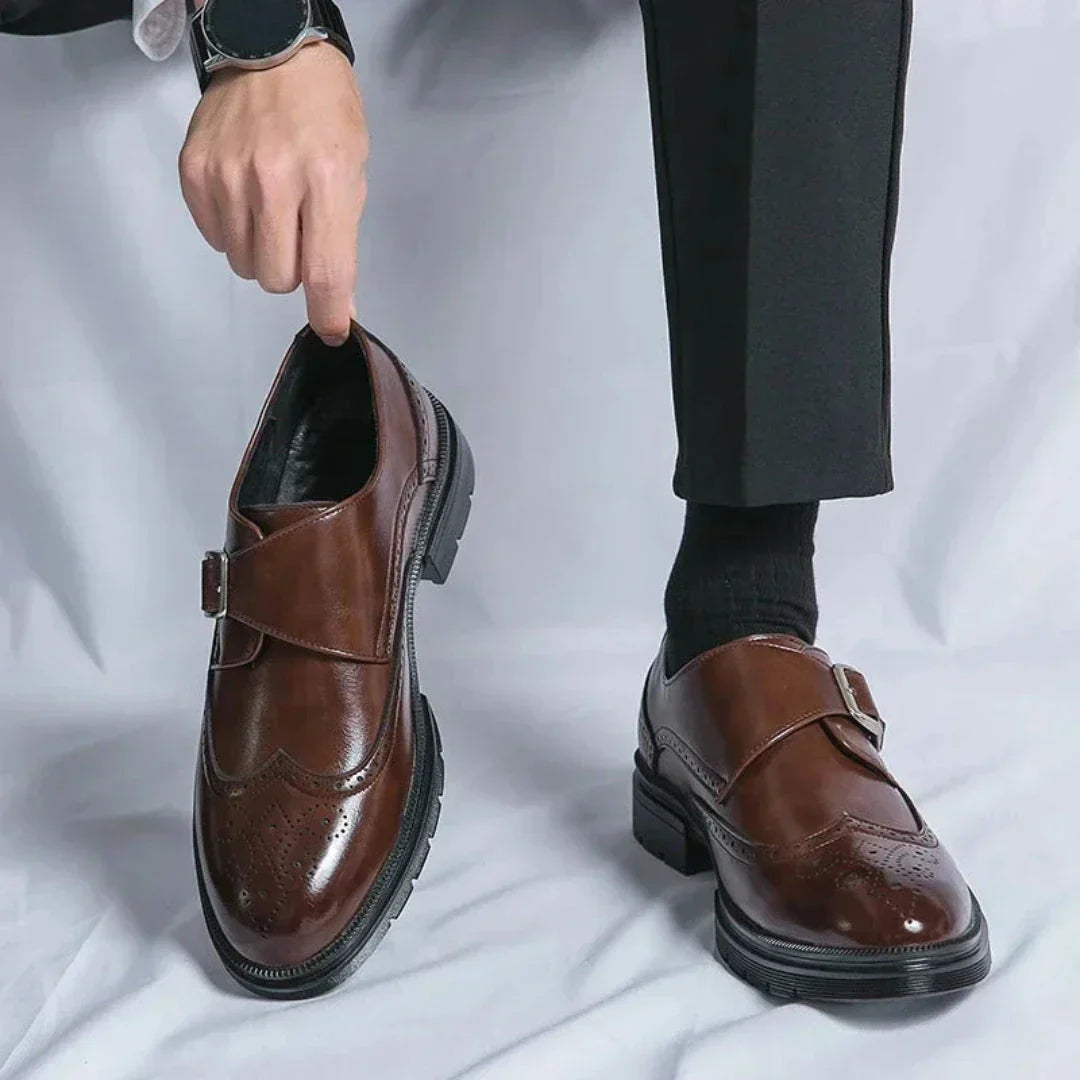 Liam Classic Leather Loafers For Men With Side Buckle And Brogue Detailing Oxford Style Formal Dress Shoes