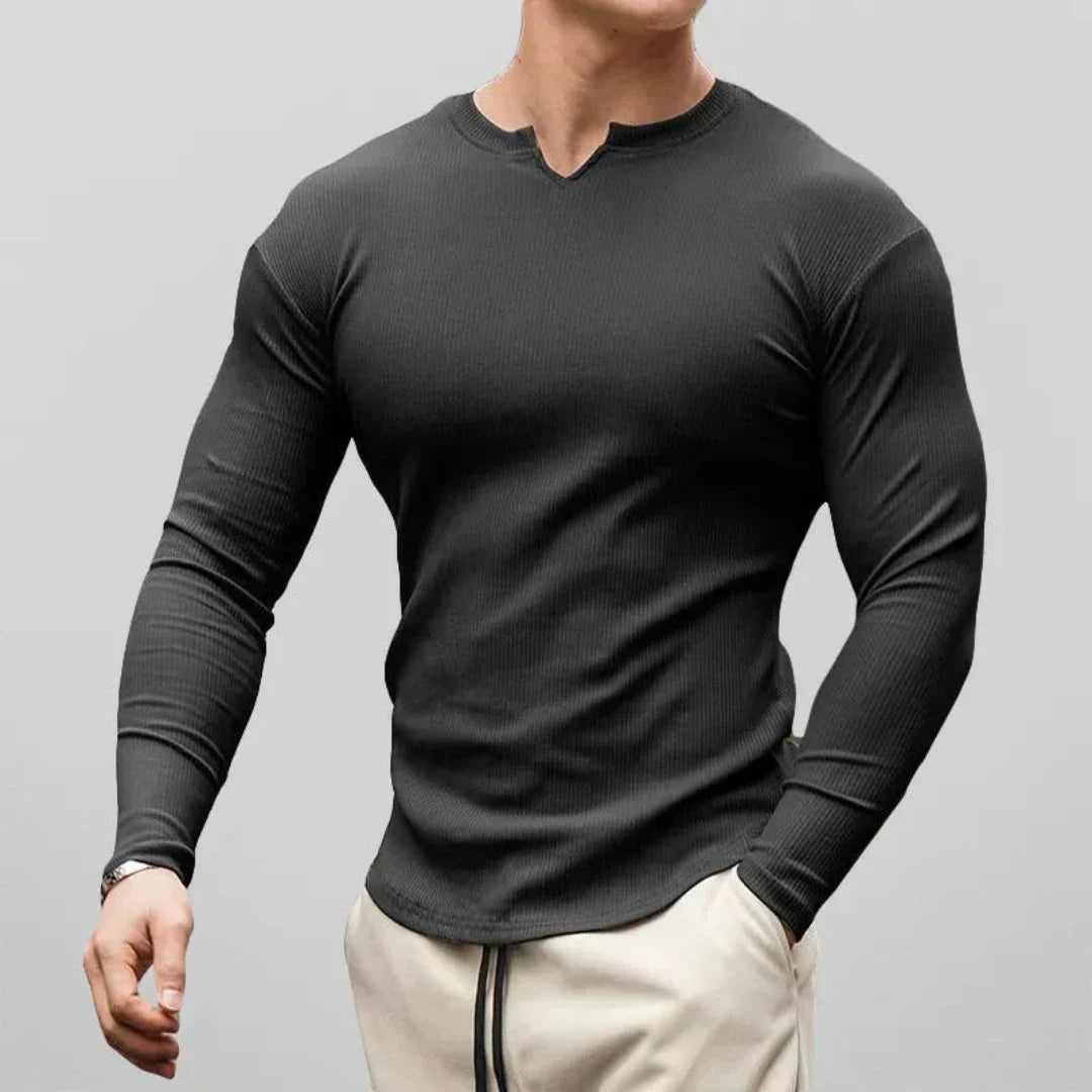 Liam Cotton Slim Fit Long Sleeve Henley Shirt for Men with Ribbed Texture and V Neck
