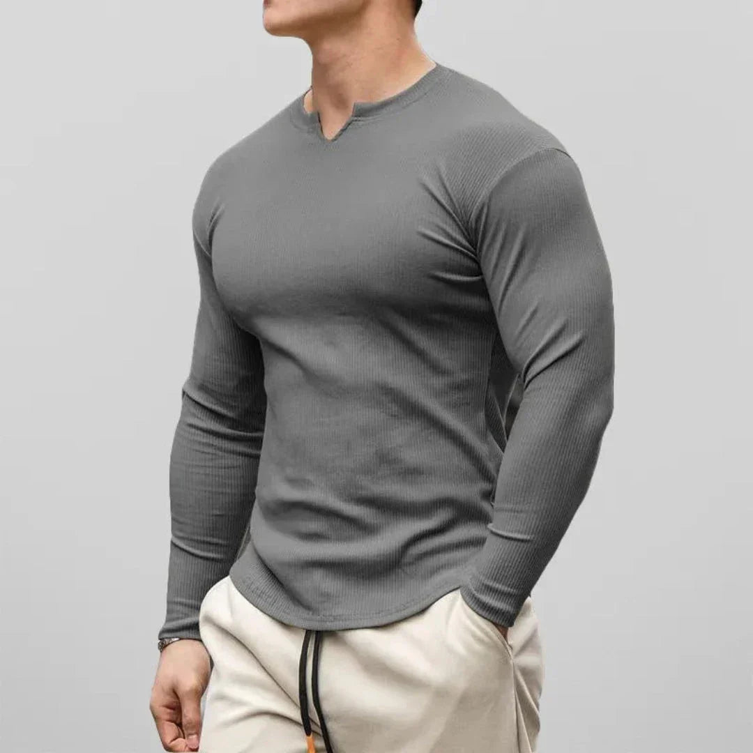 Liam Cotton Slim Fit Long Sleeve Henley Shirt for Men with Ribbed Texture and V Neck