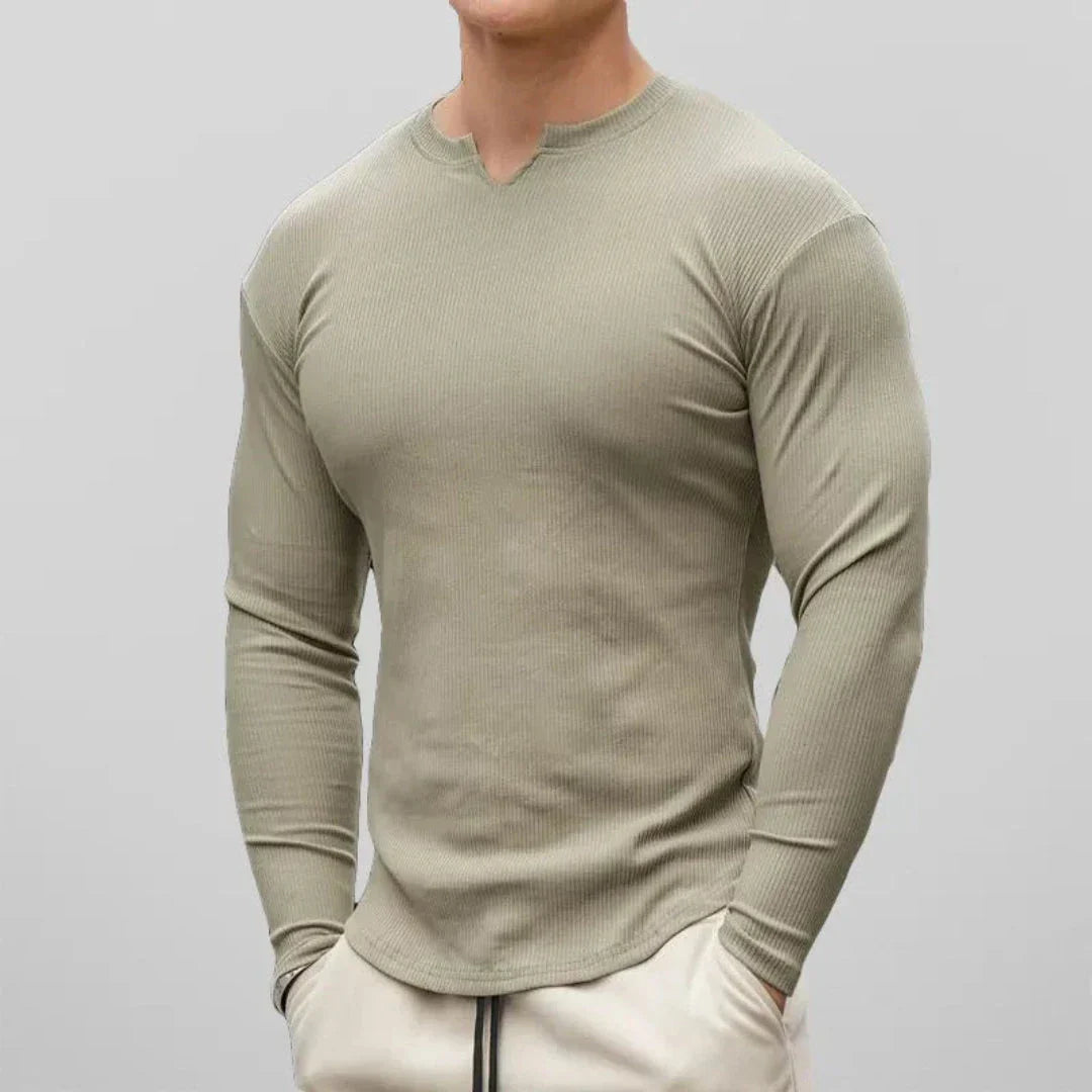 Liam Cotton Slim Fit Long Sleeve Henley Shirt for Men with Ribbed Texture and V Neck