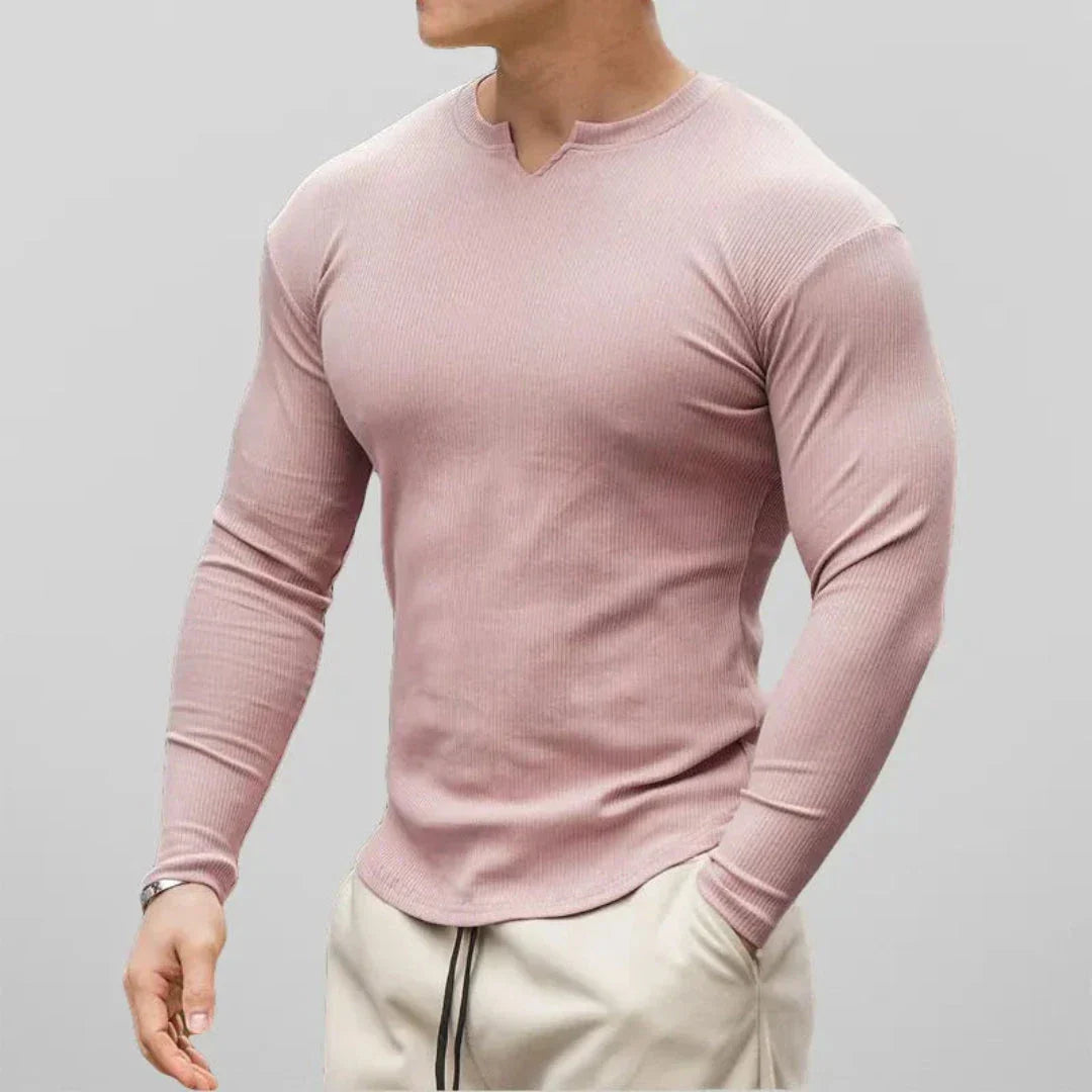 Liam Cotton Slim Fit Long Sleeve Henley Shirt for Men with Ribbed Texture and V Neck
