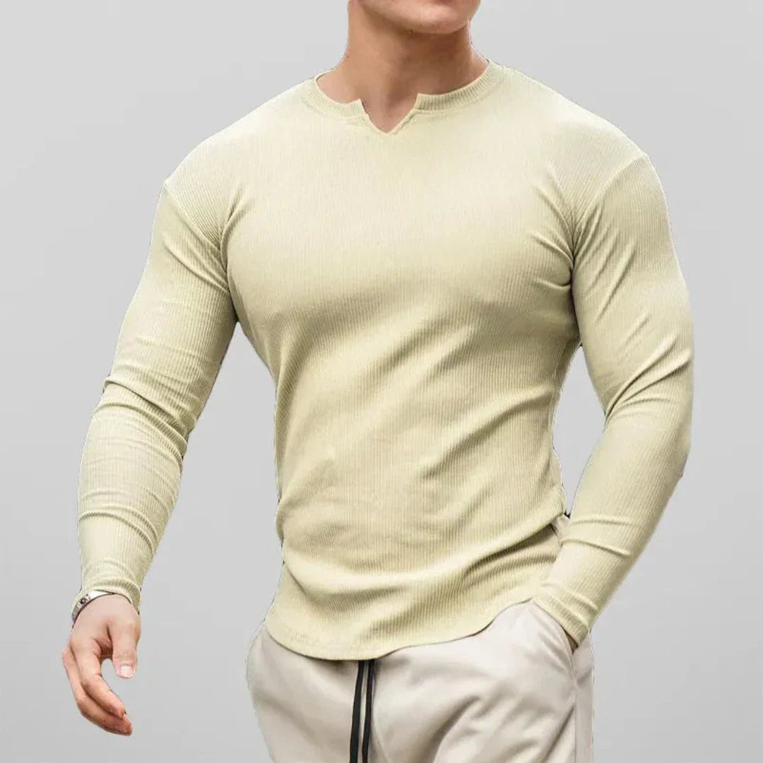 Liam Cotton Slim Fit Long Sleeve Henley Shirt for Men with Ribbed Texture and V Neck