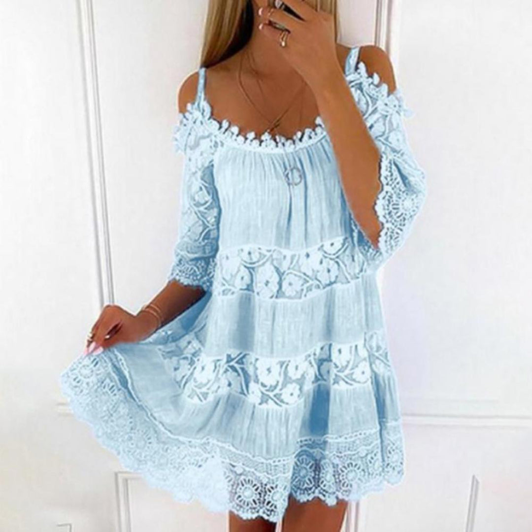 Women’s Off-Shoulder Mini Dress – Flowy Fit – Lace Panels – 3/4 Sleeve – Lightweight
