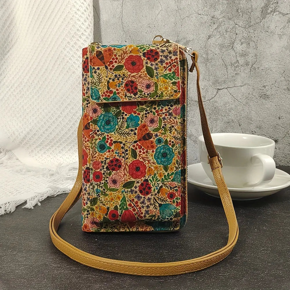 TrendAura Paula Floral Phone Pouch - Eco Friendly Cork Crossbody With Adjustable Strap