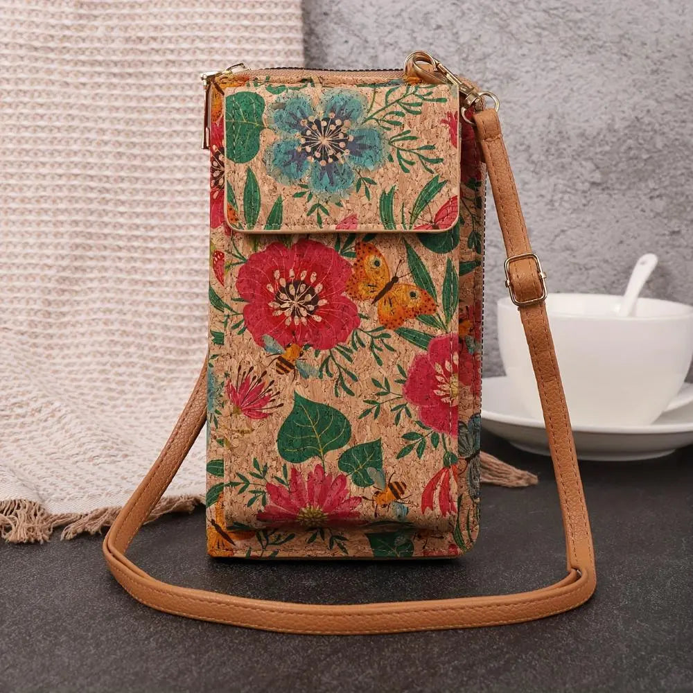 TrendAura Paula Floral Phone Pouch - Eco Friendly Cork Crossbody With Adjustable Strap