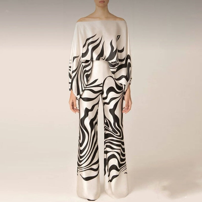 Women's Set – Silk – Relaxed Fit – One-Shoulder Blouse – Wide Pants