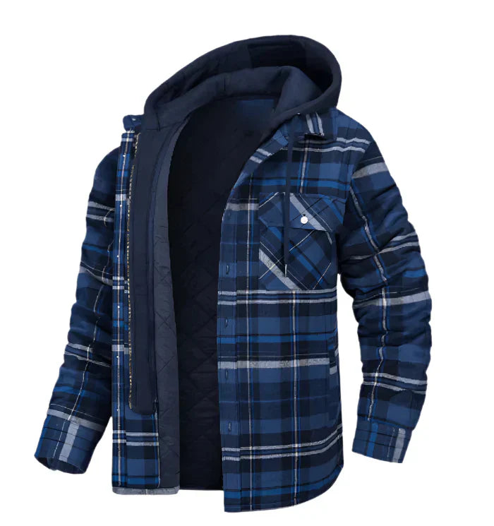 Warm Men Hooded Plaid Shirt Jacket
