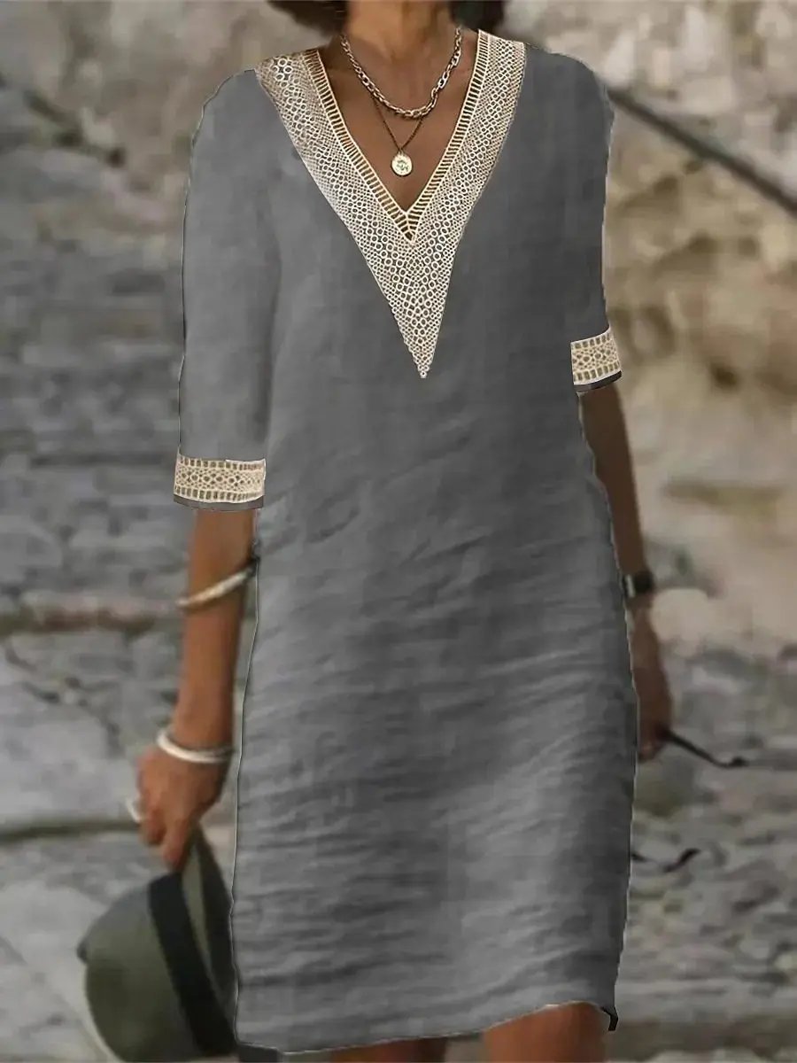 Linen Blend V-Neck Dress for Women – Effortlessly Chic & Comfortable Summer Style