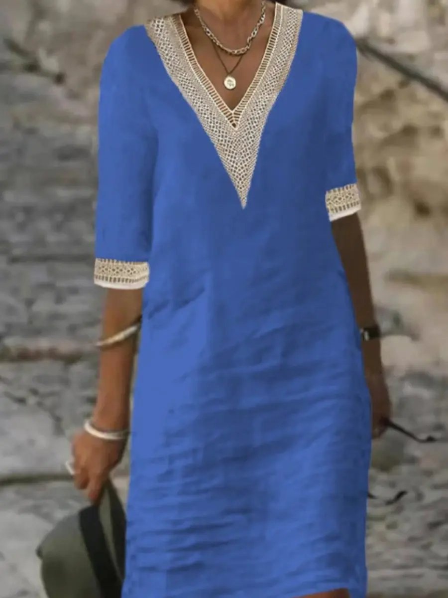 Linen Blend V-Neck Dress for Women – Effortlessly Chic & Comfortable Summer Style