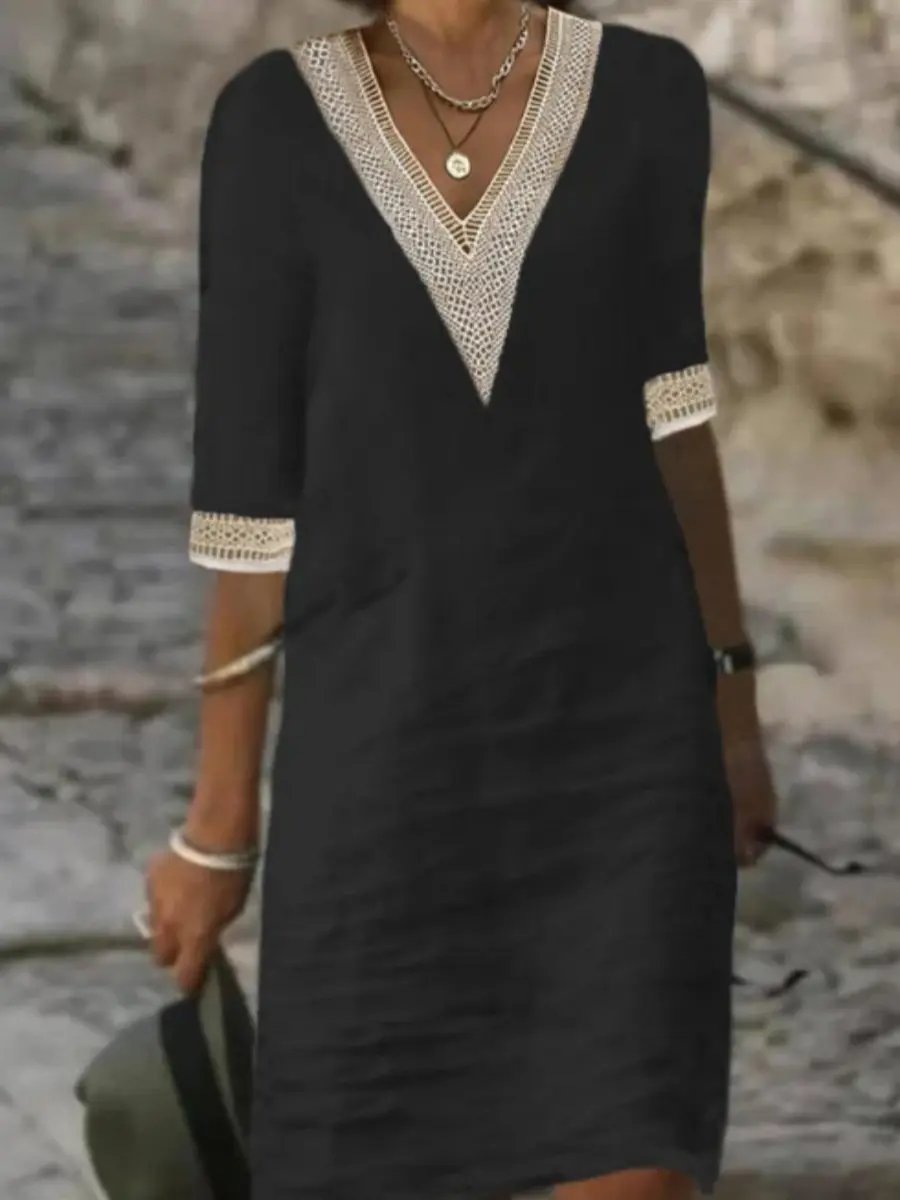 Linen Blend V-Neck Dress for Women – Effortlessly Chic & Comfortable Summer Style