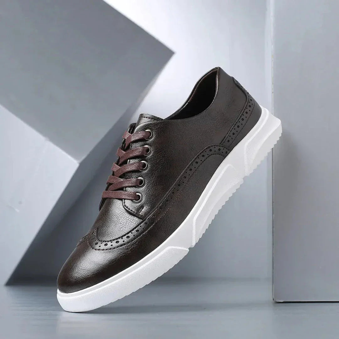 Logan Wingtip Faux Leather Sneakers for Men Brown with White Sole Casual Dress Shoes