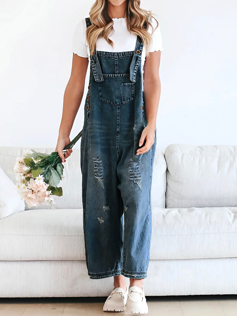 JANNIKE Wide Denim Overalls For Women Loose Fit Adjustable Straps Vintage Fade Look